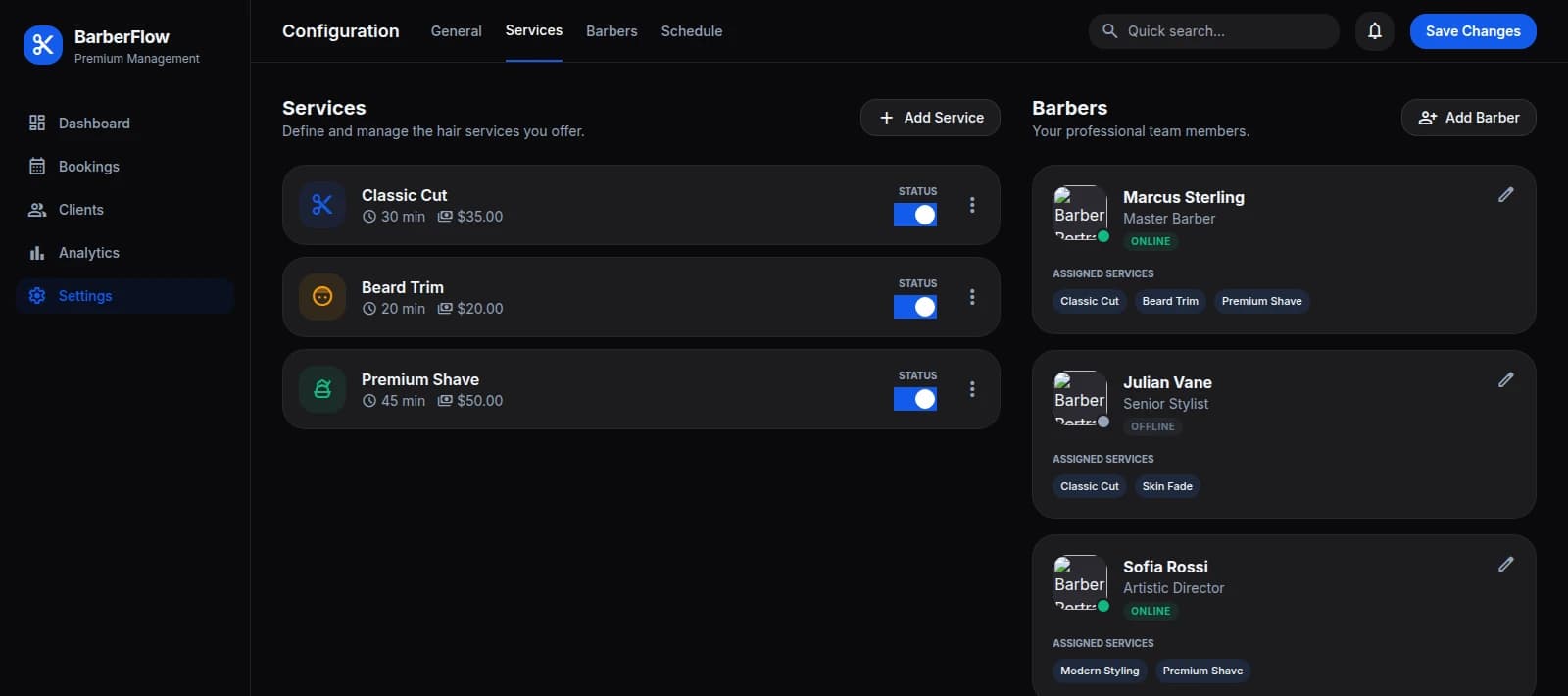 Gestión de barberos y catálogo de servicios en BarberFlow