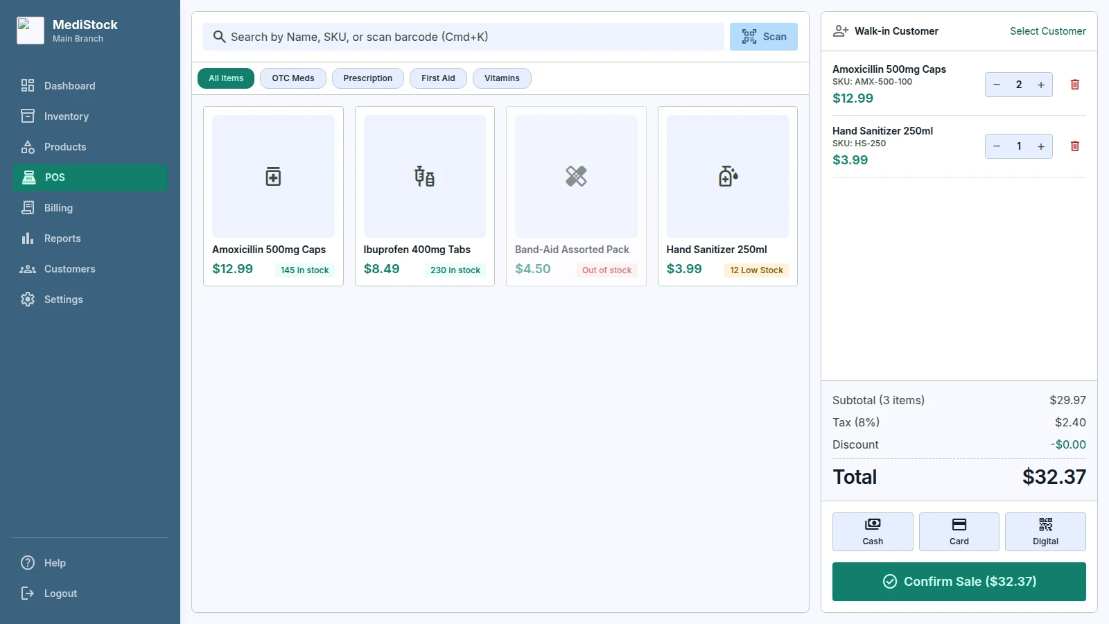Punto de venta (POS) de MediStock con carrito y cobro